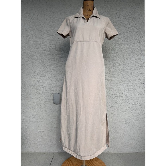 Susan Bristol Maxi Dress Khaki Denim Small Shift Pockets Minimalist Neutral - Picture 1 of 10